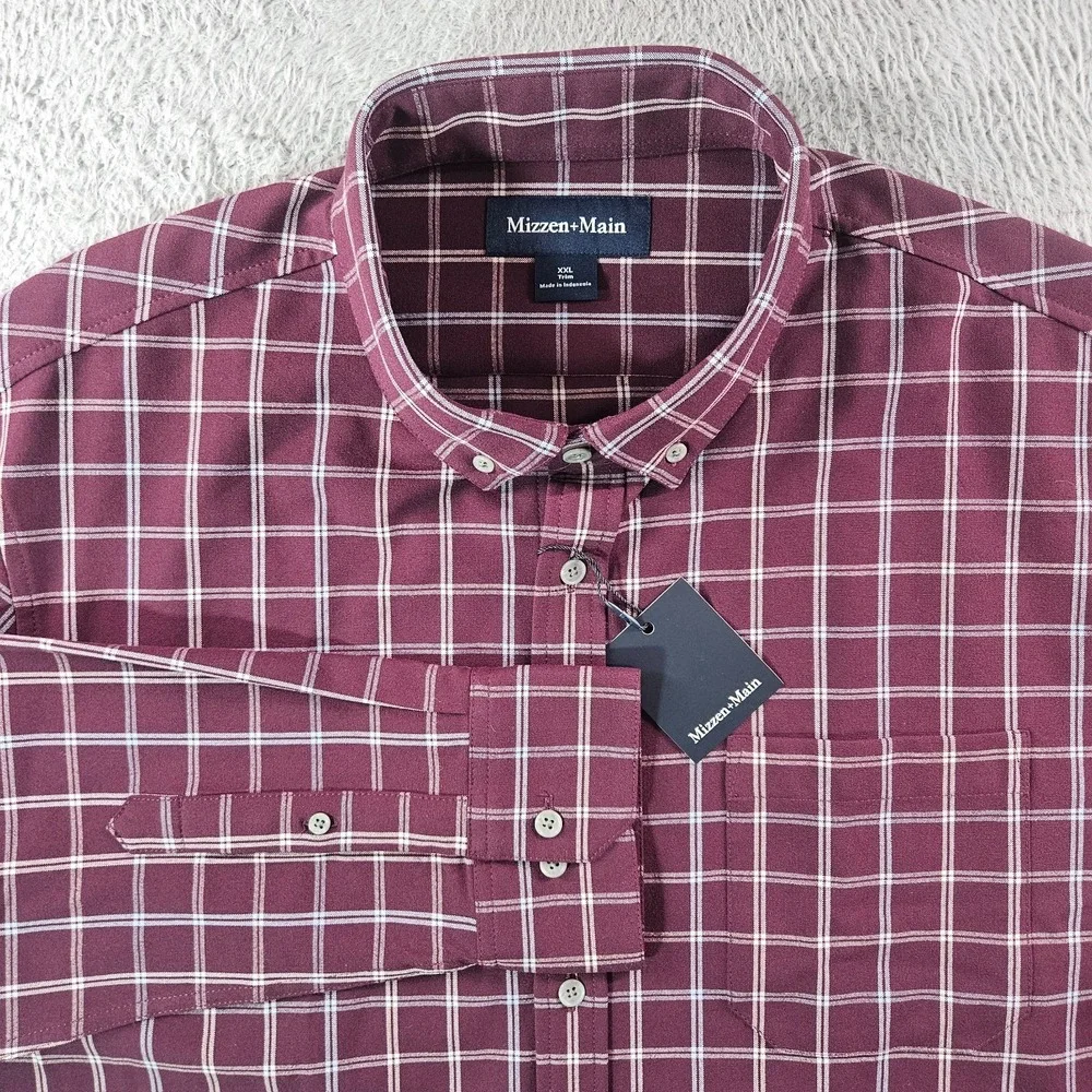 $148 NEW Mizzen + Main City Flannel Shirt Men XXL Trim‎ Wine Richard Plaid